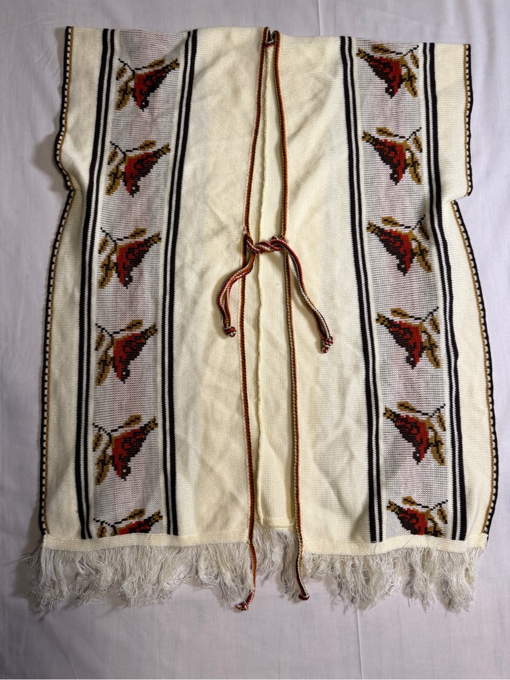 Vintage 70s Cardinal Knit Poncho Sweater Wrap Cape Ivory Fringe Front Tie OSFM